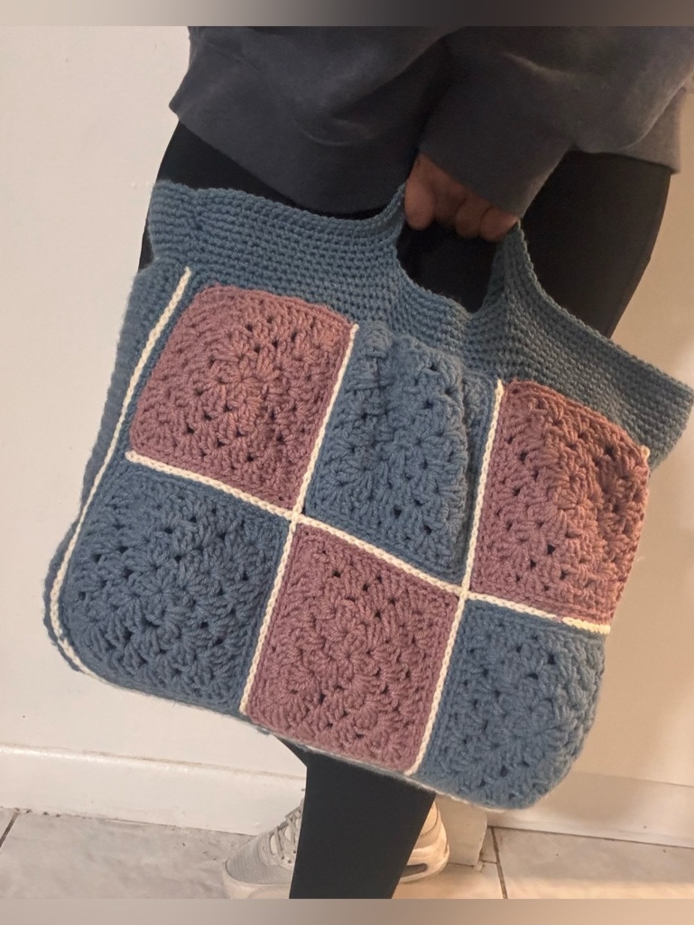 Handmade Crochet Granny Square Tote Bag Blue and Pink Boho Knit Purse - Picture 2 of 10
